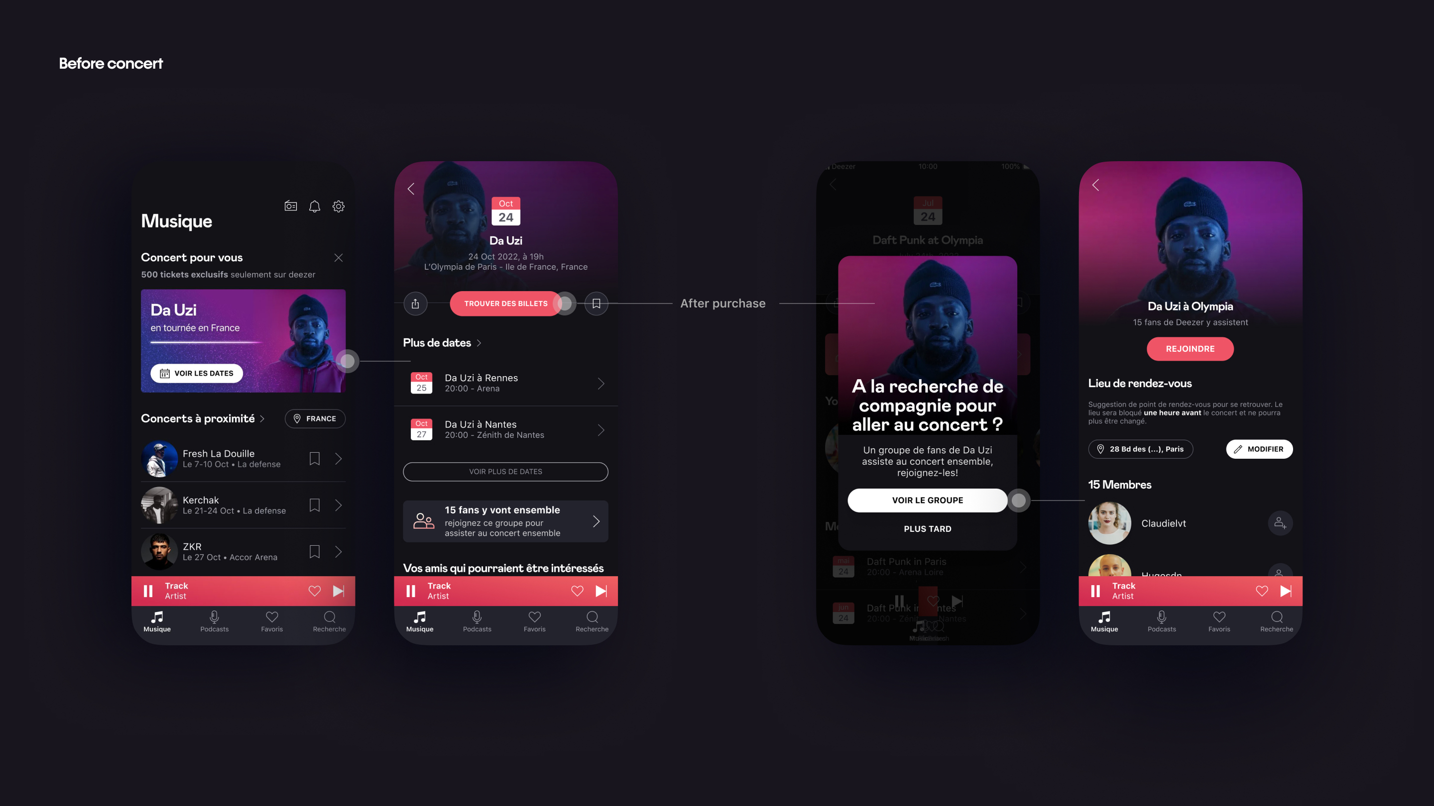 Before concert — IRL flow: notification, ticket purchase, and finding company to attend with