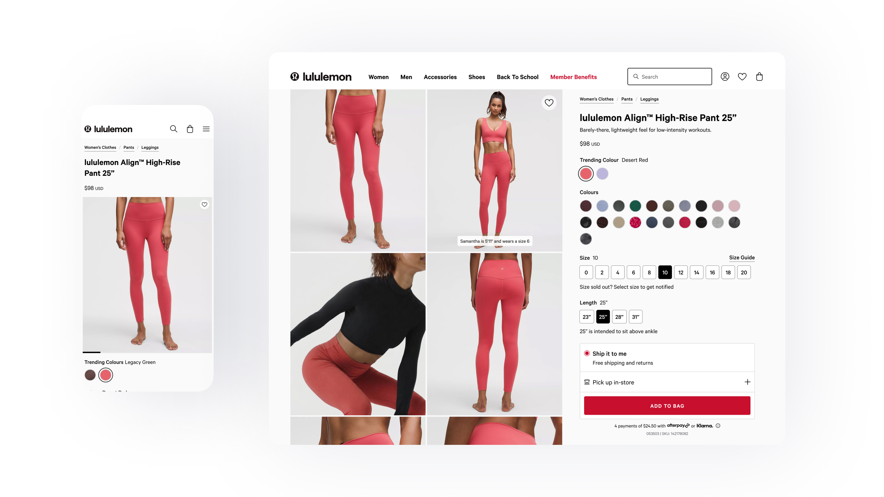 Lululemon PDP — redesigned Align pant product detail page on desktop and mobile