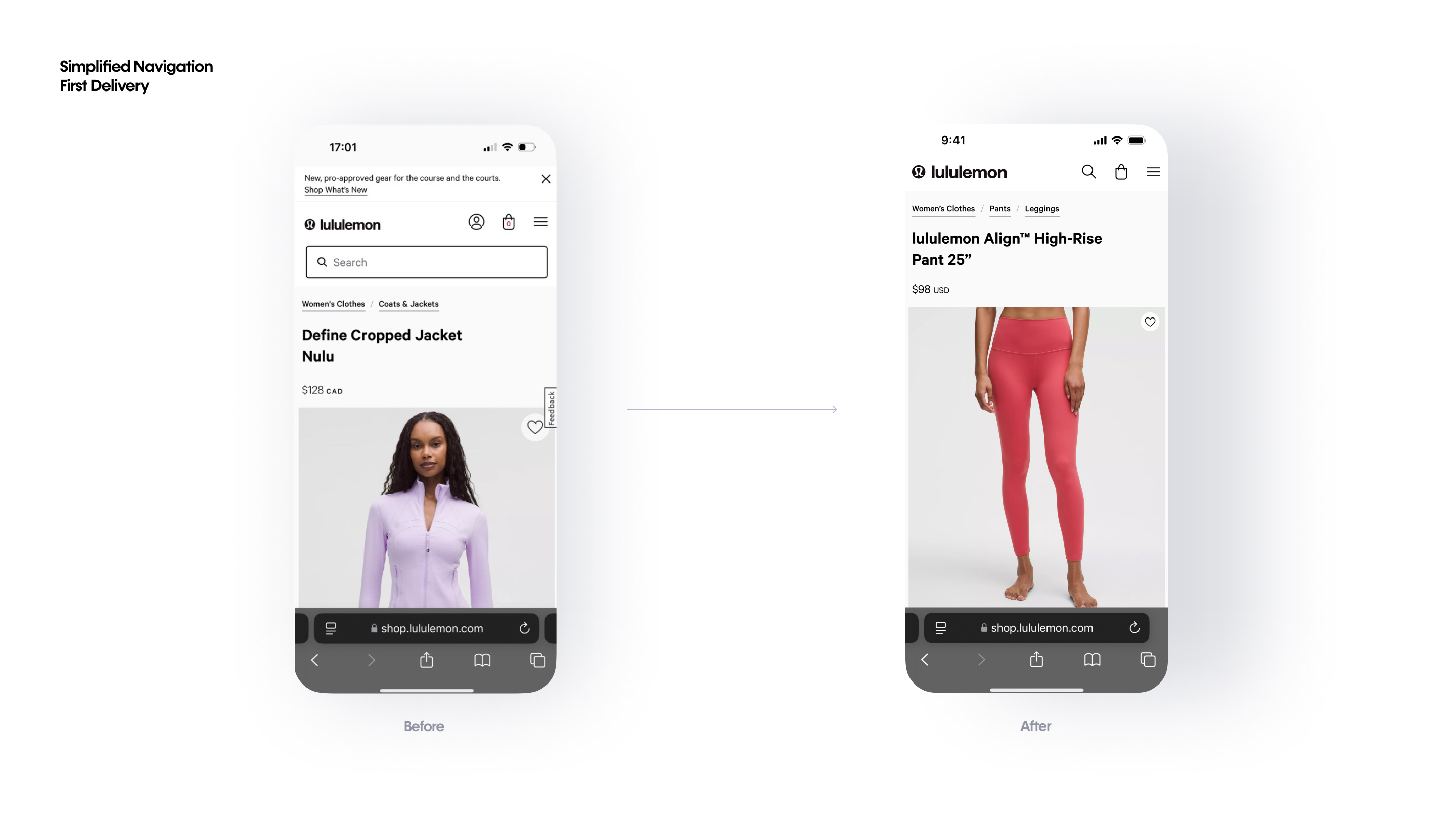 Simplified navigation — colour options brought above the fold