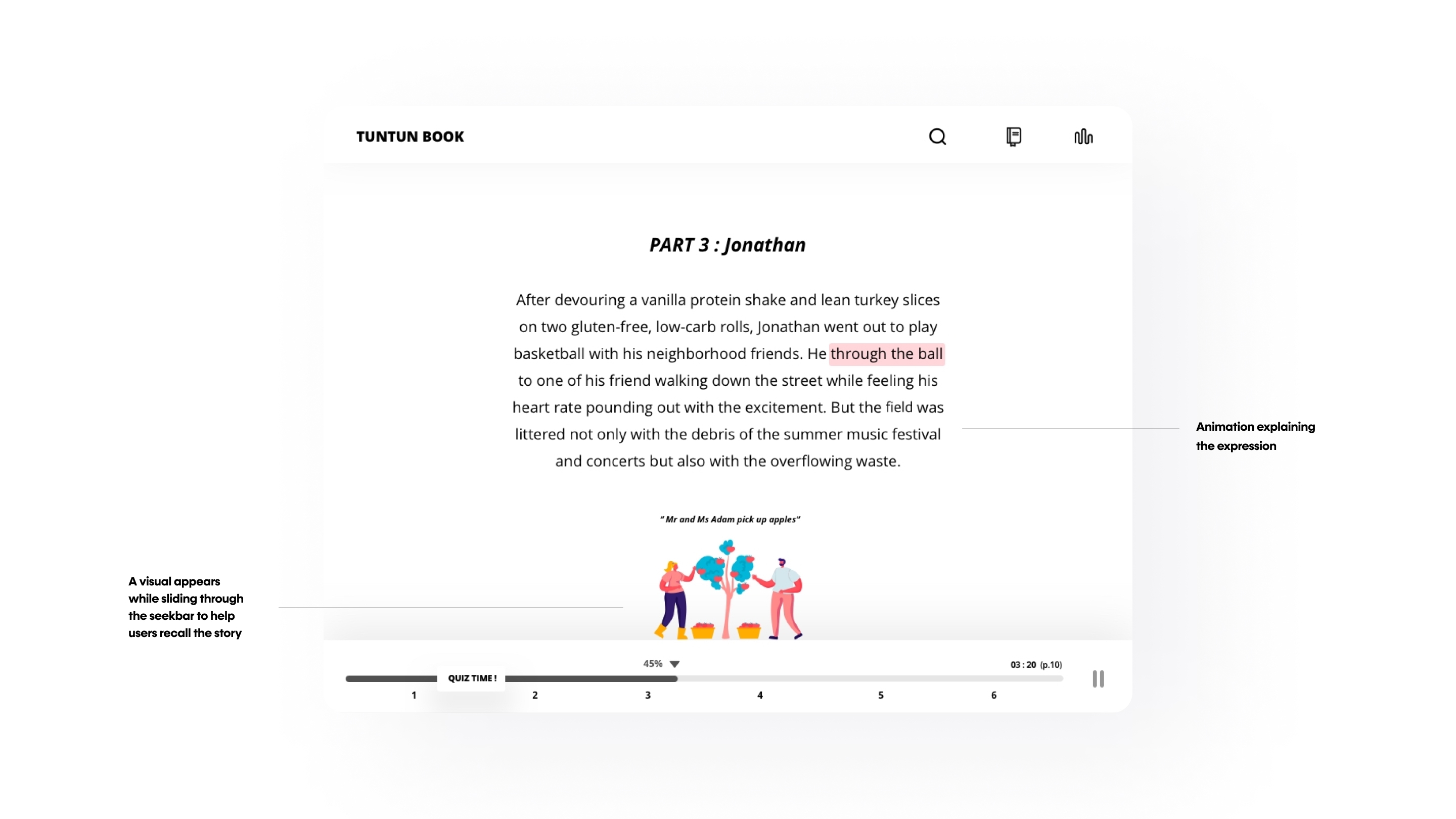 Tuntun Ebook — visual recall while scrubbing the seekbar