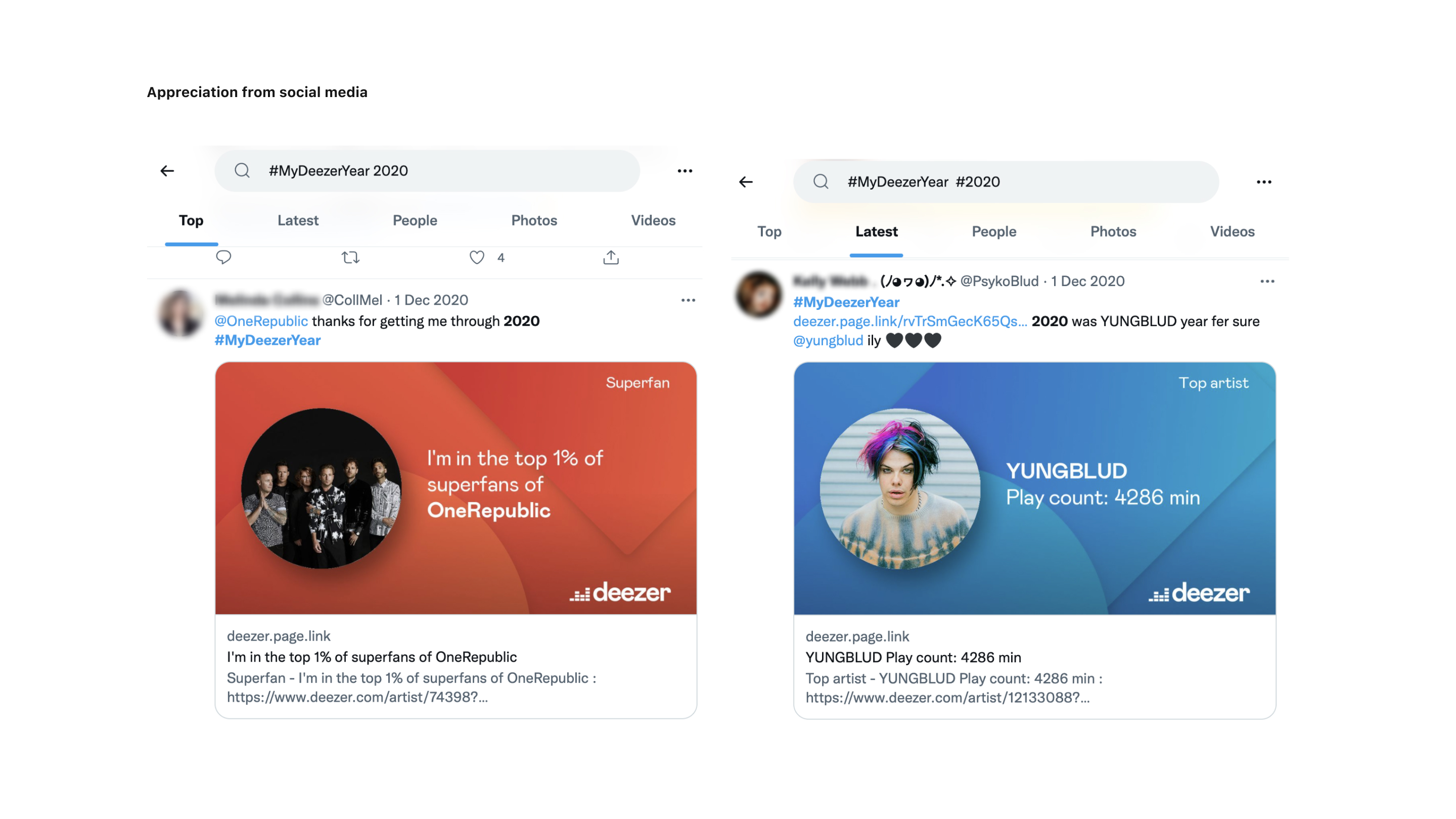 Appreciation from social media — users sharing their #MyDeezerYear cards